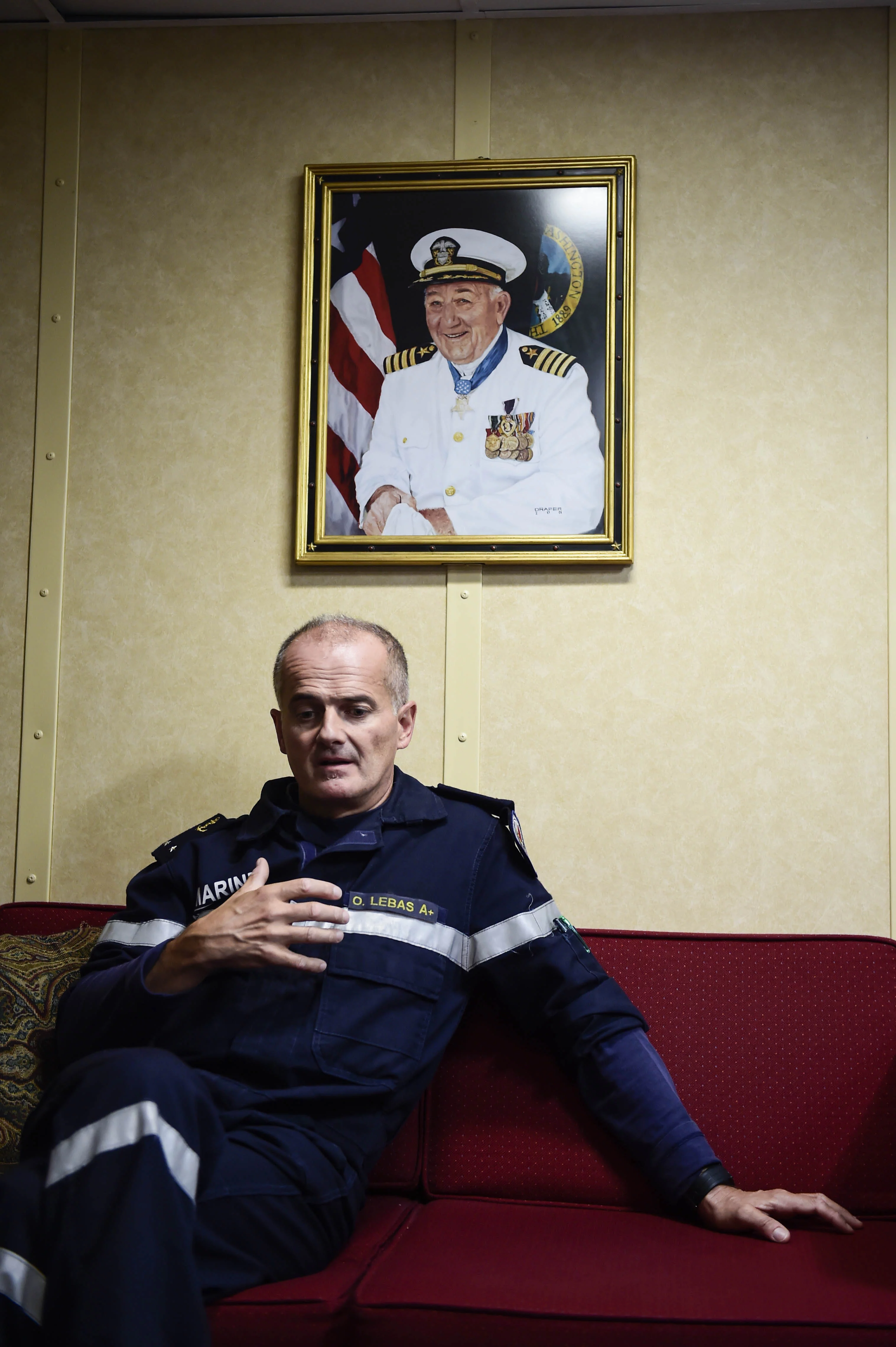 Le contre-amiral Lebas à bord de l'USS Ross