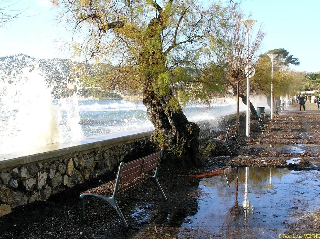 Les vagues se brisent sur le mur de protection