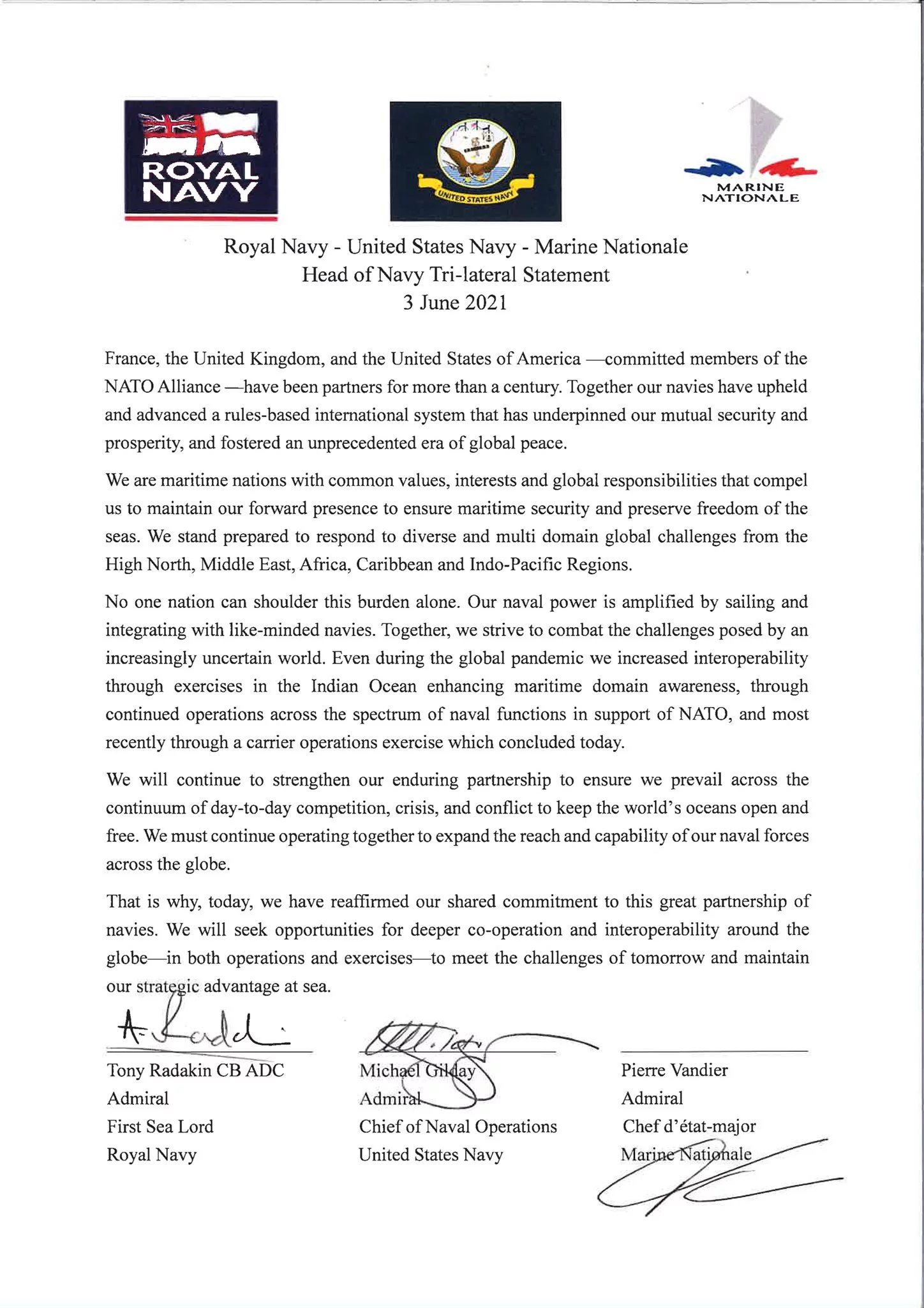 L'accord signé à Toulon par les chefs des marines américaine, britannique et française