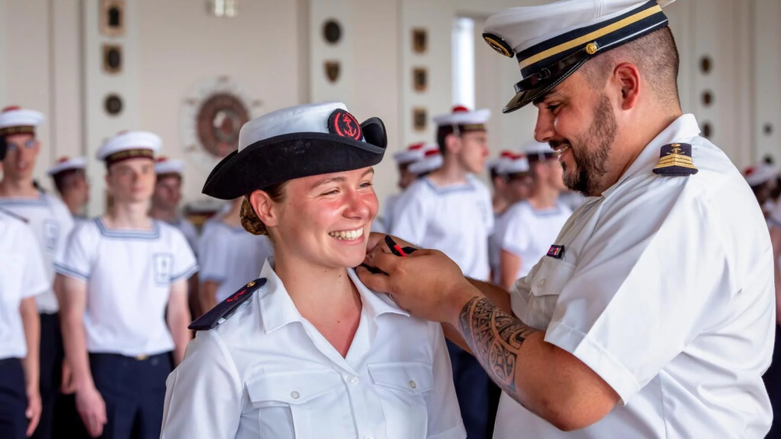 Une mousse reçoit ses galons de matelot de 1ère classe